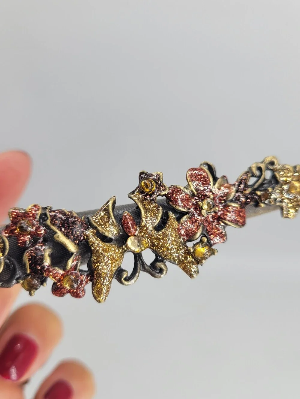 floral glitter design vintage style autumn hued hair barrette steampunk style